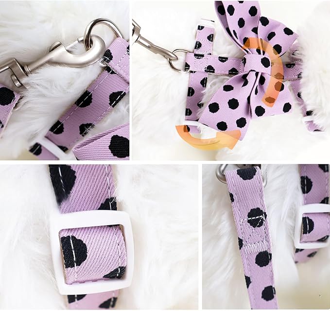 Cat Harness and Leash Set, Sweet Bow Accent Kitten Collar, Escape Proof Small Dog Harness, Cute Polka Dot Print Puppy Collar, Girl Dog Leash for Small Dogs Cats Outdoor Walking (Purple, M)