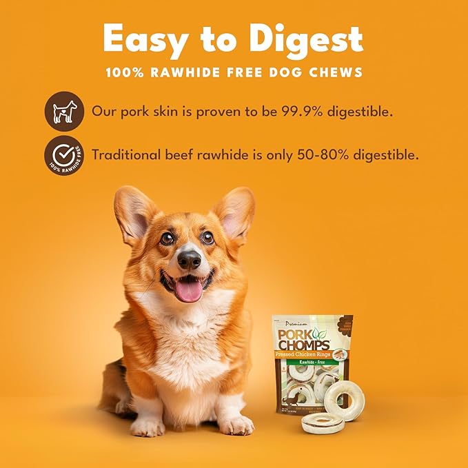 Pork Chomps Pressed Pork Skin Dog Chews, 2.5 Inch Rings, Real Chicken, 8 Count, Pack of 1 - Long-Lasting Treats for Dogs - High Protein, Rawhide-Free, Low Fat, Healthy & Delicious Chews