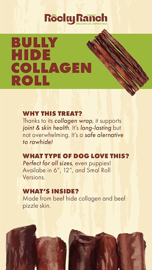 Rocky Ranch, 12" Dog Bully Hide Collagen Roll, Beef Flavor, 11.16 oz, Adult Dog, Natural Chew Treats, Dental Care, High Protein. 5 Count. No additives