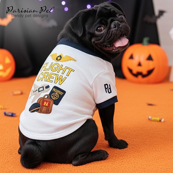 Parisian Pet Dog Flight Crew Shirt - Embroidered Pet Vest - 100% Cotton & Polyester Doggy Shirt - Lightweight Pet Clothes - Sleeved Puppy Costume - White Shirts for Small Dogs - S