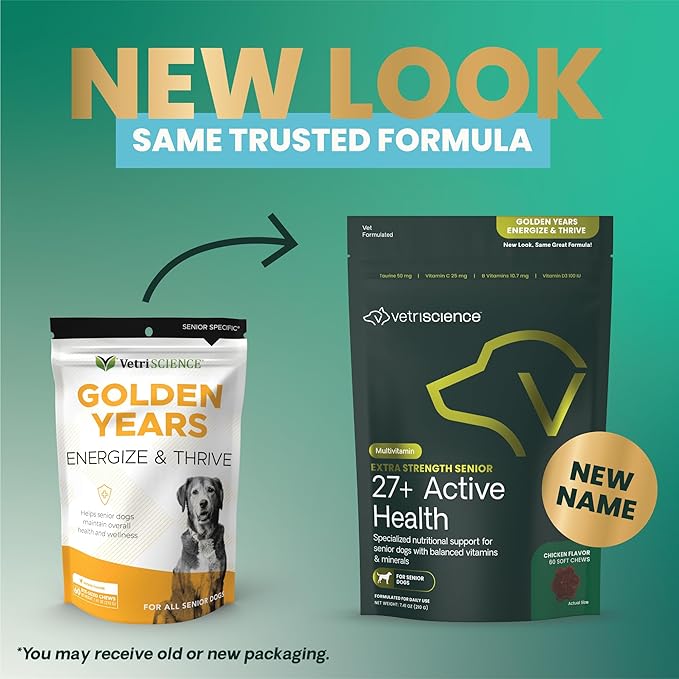 VetriScience Extra Strength Senior 27+ Active Health Chews, Golden Years Daily Multivitamin for Senior Dogs, Balanced Vitamins, Minerals, and Omega-3s, Aging and Wellness Support, Chicken, 60 Count