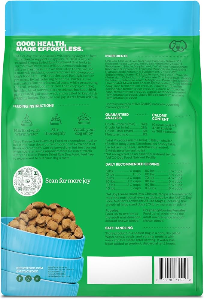 Get Joy Freeze Dried Raw Chicken Dog Food, High Protein Grain Free Meal, Topper & Treat, Gut Health Support with Probiotics, Small to Large Breed, 32oz Bag
