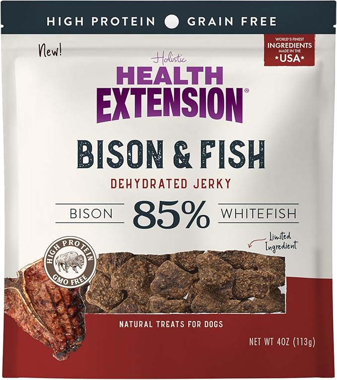 Health Extension Bison & Fish Dehydrated Jerky Dog Treats – 4 oz – Protein-Rich, Grain-Free, Made in USA – Limited Ingredients for Sensitive Dogs & Training Rewards