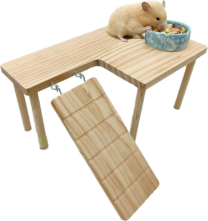 Wooden Hamster Platform with Ladder Rat Climbing Activity Playground Platform Cage Accessories Decor for Dwarf Syrian Hamster Gerbil Rat Mice (Left)