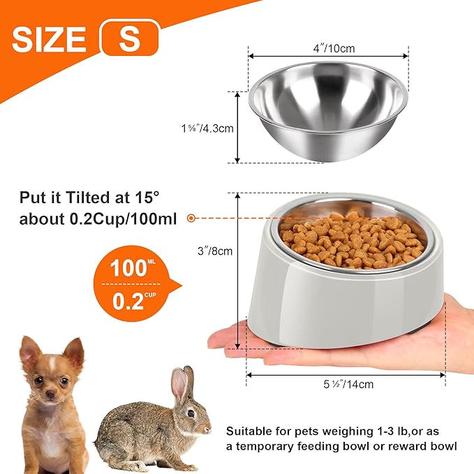 Tilted Dog Bowl Non-Slip & Non-Spill Pet Feeder with Elevated Detachable Melamine Stand, Easy to Get Food Dog Dish, S/100ml Gray