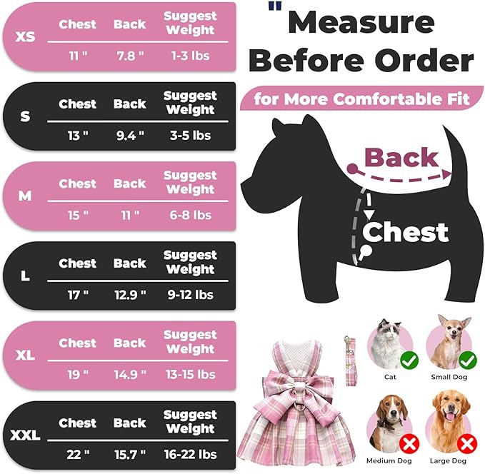 PETCARE Plaid Dog Dress Bow Tie Harness Leash Set for Small Dogs Cats Girl Cute Princess Dog Dresses Spring Summer Puppy Bunny Rabbit Clothes Chihuahua Yorkies Pet Outfits