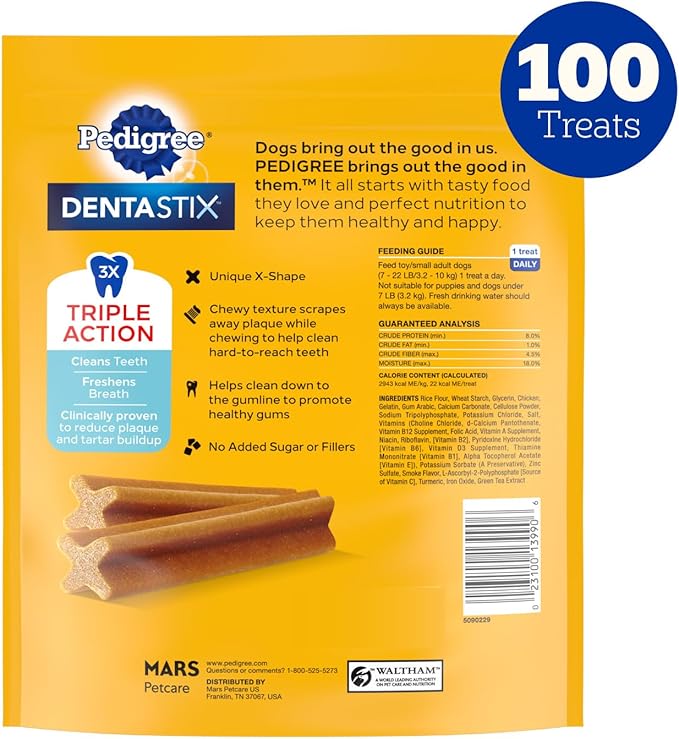 Pedigree Dentastix Small & Medium Breed Dog Treats, Original with Real Chicken, Dog Dental Treats, (4) 25ct Bags (100 Treats Total)