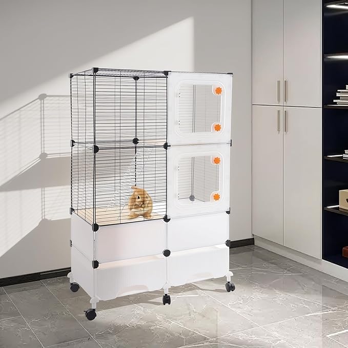 Small Animal Cage, Guinea Pig Cages with Rolling, Durable Front Doors, Chinchilla Cage with Scoop for Rat, Hamster, Guinea Pig, Squirrel (Black, 45.3in)