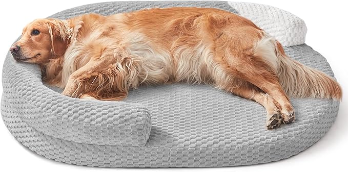 JOEJOY XXL Orthopedic Dog Beds, Extra Large Washable Waterproof Oval Dog Bed with with Removable Cover, Egg-Crate Memory Foam Pet Bed with Bolster Sides & Non-Skid Bottom, Light Grey, 48''x35''
