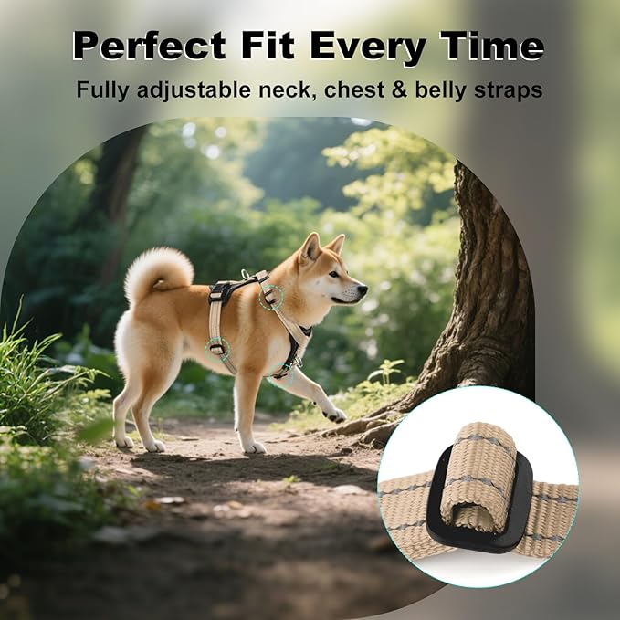 Plutus Pet Adjustable No Pull Dog Harness with Leather Accents, Heavy Duty Reflective Nylon Vest for Training, Hiking, Easy Walk Harness for Small, Medium, Large Dogs (Beige, L)