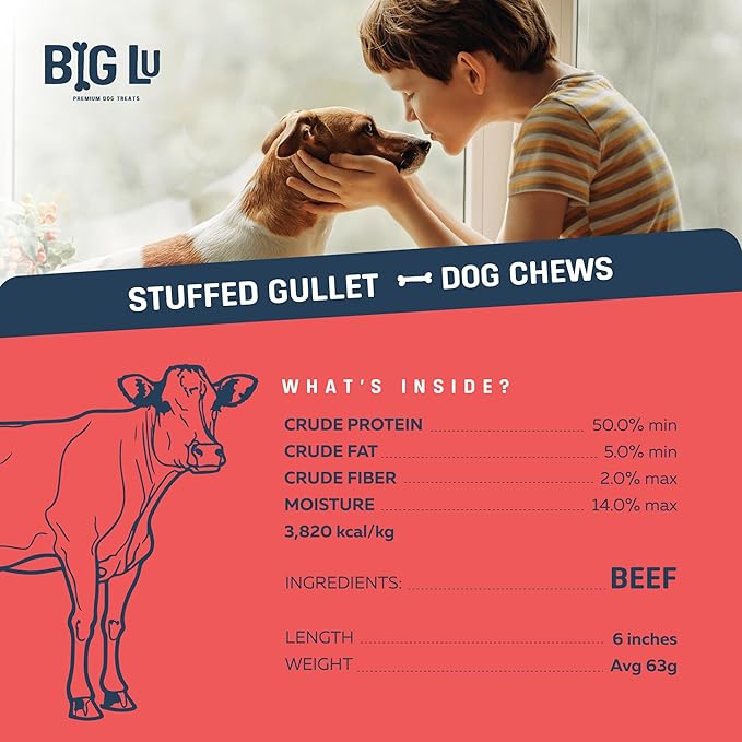 Big Lu - 5-6 Inch Stuffed Beef Jerky Sticks for Dogs, 20 Count, Premium All-Natural Gullet Chews, High-Protein, Easily Digestible, Supports Dental Health and Joint Mobility