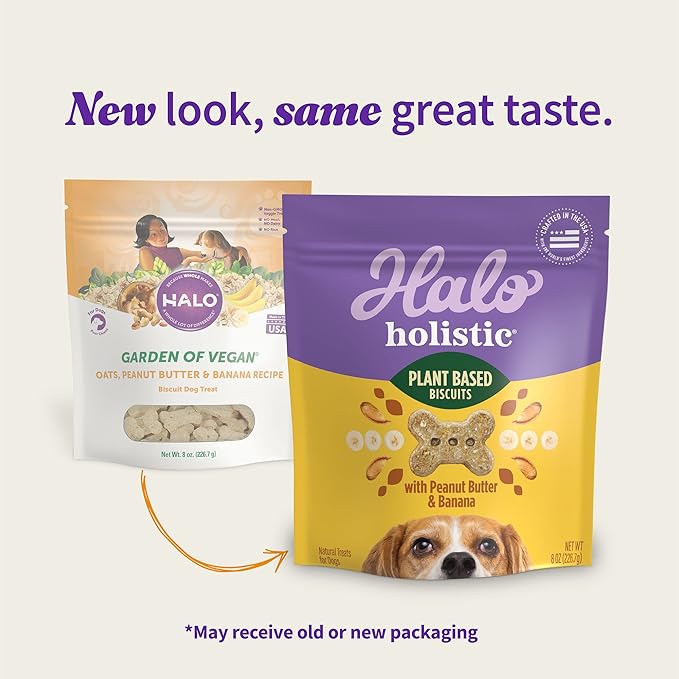 Halo Holistic Vegan Dog Treats, Plant-Based Dog Treat with Oats, Peanut Butter & Banana, Vegan Treat Pouch, 8 Oz bag