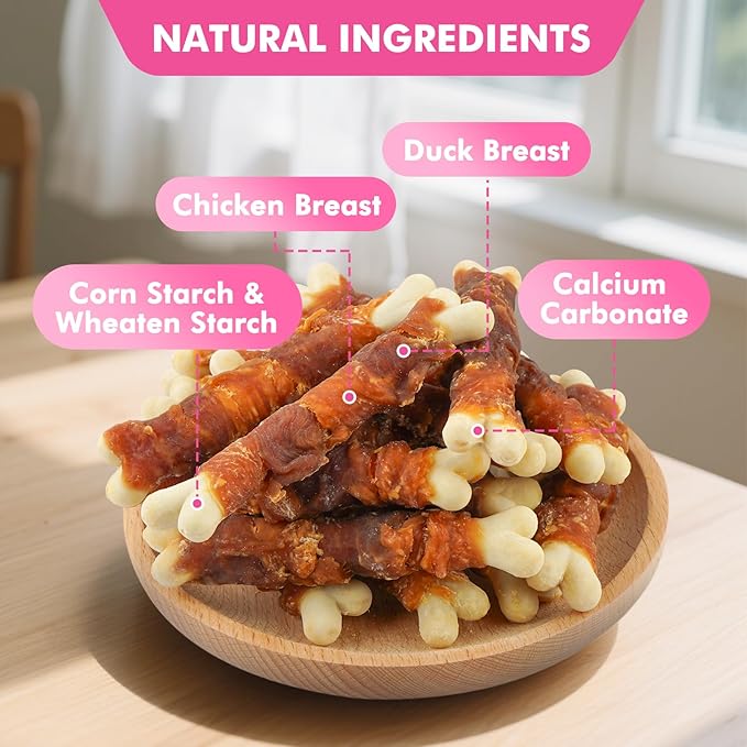 Dog Treats, Double Flavor 4 Inch Dog Chews, Chicken and Duck Wrapped Calcium Bones, Rawhide Free Snacks for Small Dogs, 10.6 oz