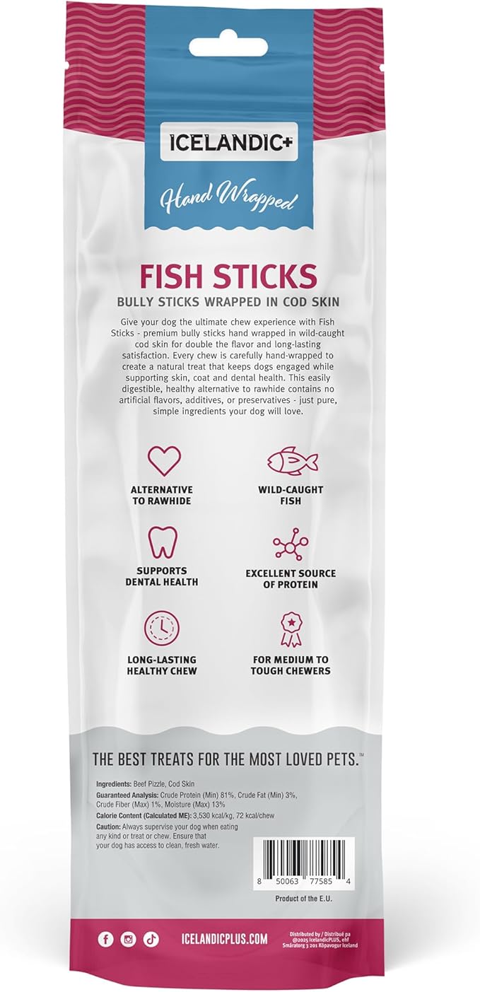 Icelandic+ Fish Sticks - Bully Stick Wrapped in Cod Skin - 3 Pack, 12" - Dog Treats, 2 Ingredient Chews, Hand-Wrapped Wild-Caught Fish, Pet Snacks