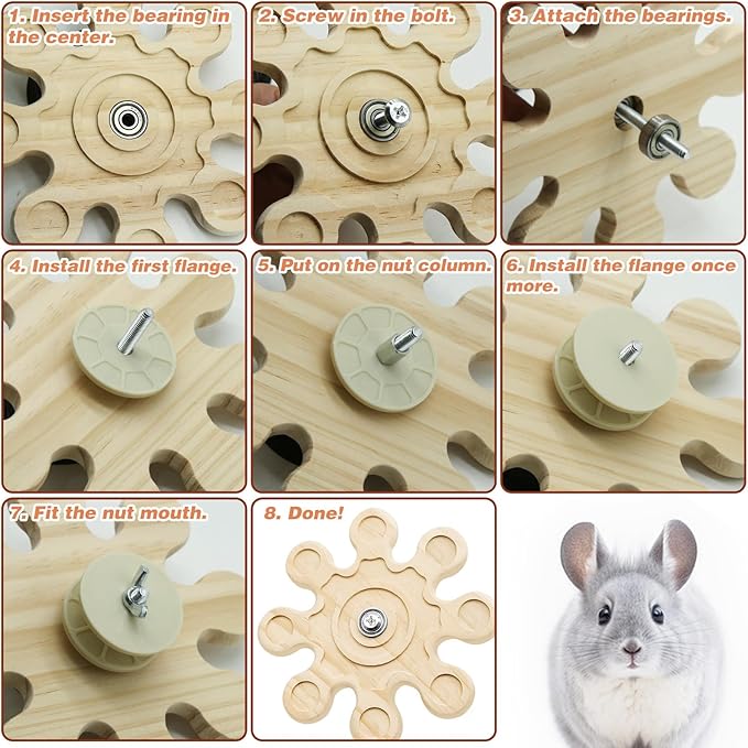 2Pcs Chinchilla Chew Toys Guinea Pig Toys Hamster Rabbit Cage Chew Accessories Rotating Grinding Natural Wooden Snowflake-Shaped 6.3 Inch Diameter Wheel Spinner Interactive for Enrichment Teeth