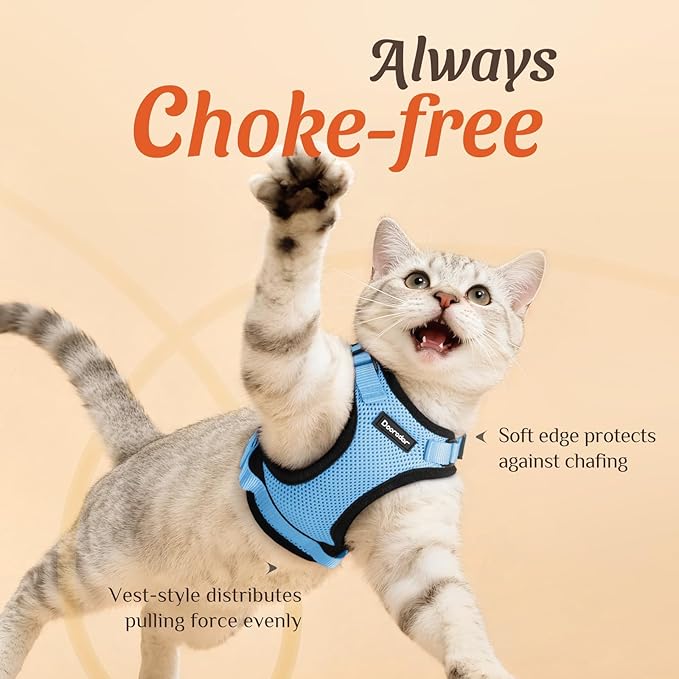 Dooradar Cat Harness and Leash Set, Escape Proof Safe Adjustable Kitten Vest Harnesses for Walking, Easy Control Soft Breathable Mesh Jacket with Reflective Strips for Cats, Light Blue, S