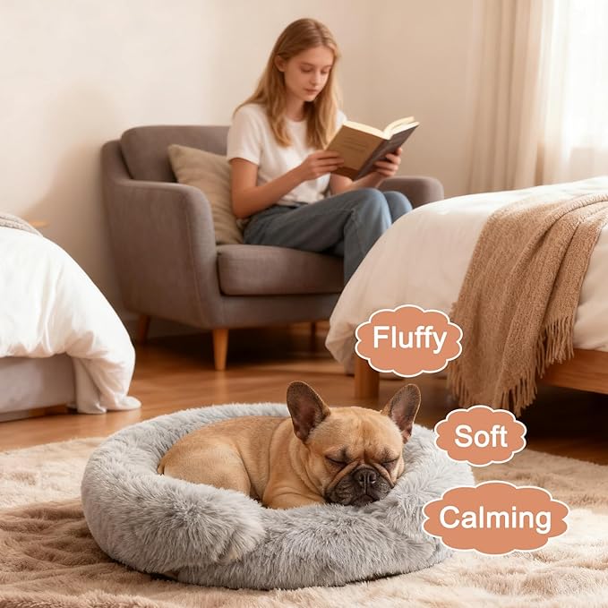 Calming Dog Bed for Small Medium Dogs, Anti-Anxiety Donut Washable Puppy Bed Orthopedic Cushion, Soft Fluffy Faux Fur Plush Warming Cozy Cat Bed Fits up to 25 lbs Pets (Round, Pale Grey 23")