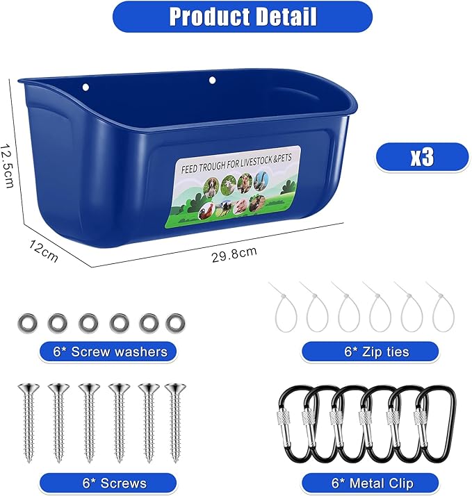 Chicken Feeder Waterer, 3 Pack Duck Feeder Supplies, Hanging Fence Feed Trough with Clips for Goat, Sheeple, Piglet, Gooses, Turkeys, Dog Livestock Poultry, Blue