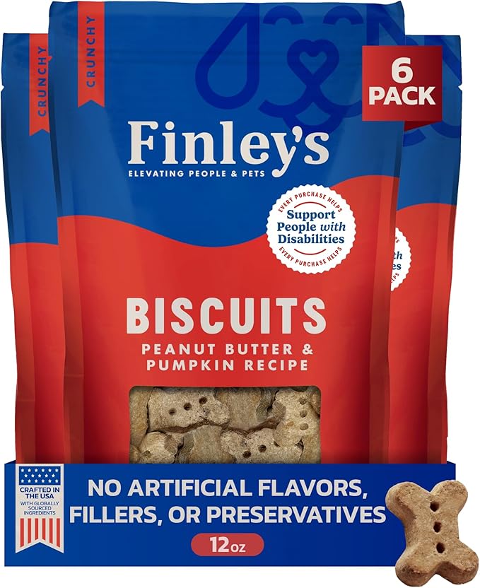 Finley's Crunchy Dog Biscuits, Peanut Butter and Pumpkin, Plant-Based Healthy Treats, Oven Baked Dog Cookies, 12oz, 6 Pack