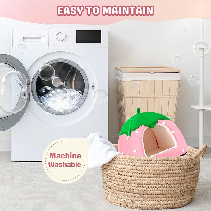 2 Pack Rabbit Hideout, Washable Bunny Bed with Removable Pee Pad, Plush Indoor Rabbit House, Adorable Strawberry Design Small Animal Hideaway for Guinea Pig, Red & Pink
