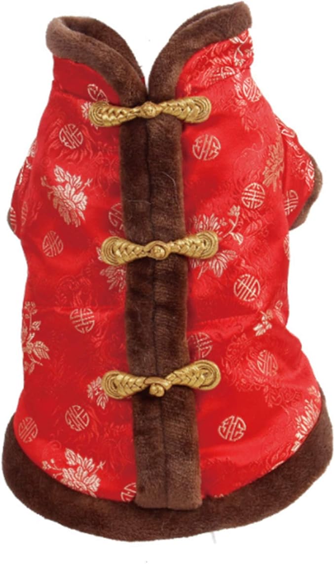 SEIS New Year Cat Knot Buttons Coat Dogs Cheongsam Winter Pet Clothes Vest Christmas Costume for Cats Teddy Bichon Small Medium Dogs (Brown, S (Chest Circumference 45cm/ 17.7"))