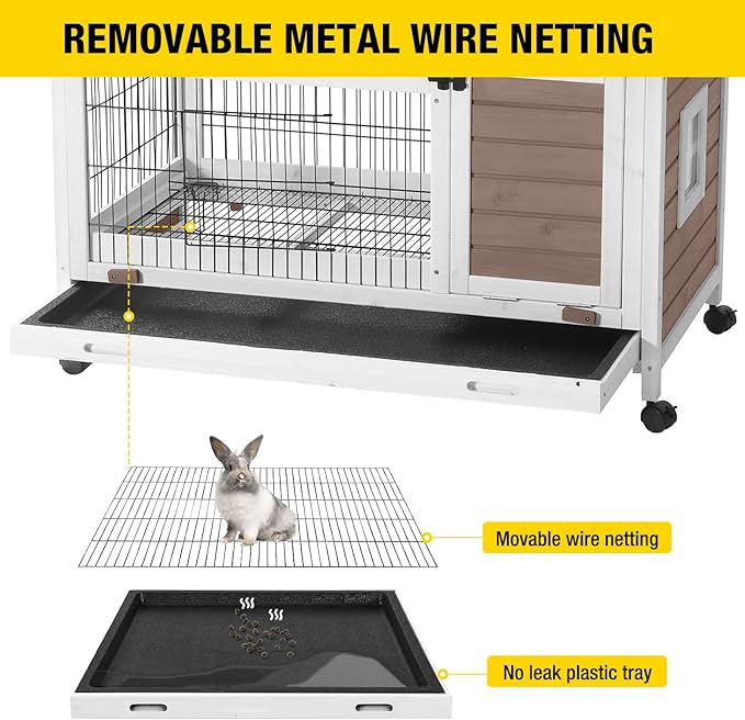 Aivituvin Rabbit Hutch Indoor Bunny Cage Outdoor Bunny House with Wire Floor Leakproof Plastic Tray, Brown