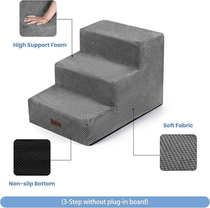 Aodisman Dog Stairs for Small Dogs & Cats,3-Step Extra Wide Non-Slip Pet Steps for Couch Sofa and Chair,Grey,15.7" H
