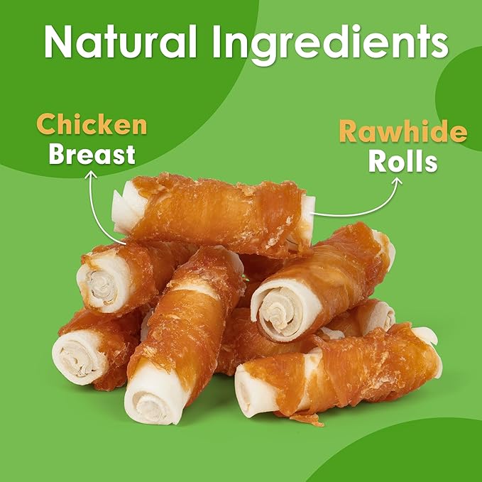 MON2SUN Dog Treats, 2.5 Inch Chicken Wrapped Rawhide Rolls, Teeth Cleaning Chews with High Protein for Small Dogs, 21.2 oz (32 Count - Pack of 2)