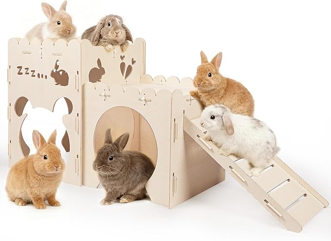 Large Rabbit Castle, Wooden Bunny House,Detachable Rabbit Hideaway, Indoor Hamster Castle with Ramp, Small Animal Houses & Habitats for Guinea Pig Chinchilla Ferret(2 House)