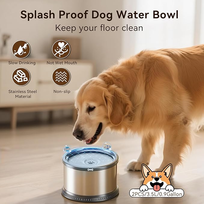 2PCS 3.5L No Spill Dog Water Bowl 118oz Stainless Steel Slow Water Bowl for Small Medium Large Dogs Splash Proof Pet Bowl with Anti-Slip Mat for Sloppy Messy Drinkers