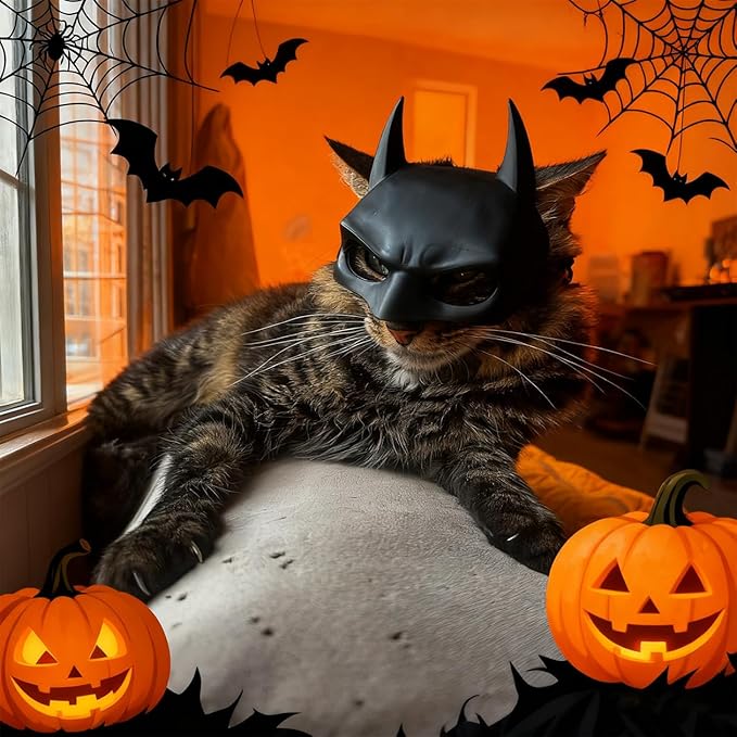 Cat Bat Mask, Funny Cat Helmet & Cat Hat Cosplay Costume, Adjustable Pet Mask for Halloween, Party, Photo Props, Lightweight Comfortable Cat Costume Accessories for Cats & Small Pets（Black