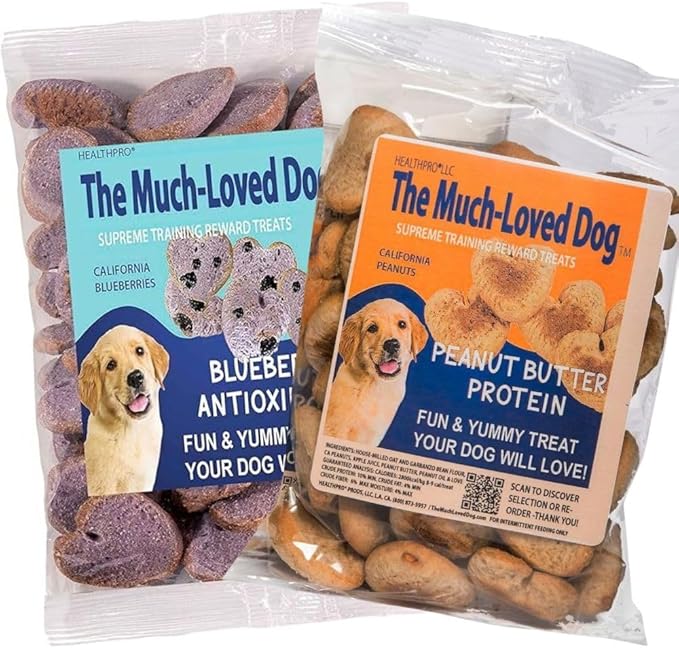 The Much Loved Dog™Treats, Scrumptious Natural Peanut Butter and Blueberry, 6oz. Bags, Natural, Fun & Yummy, Human-Food-Grade, Small-Batch Baked, U.S.A. (Pack of 2)