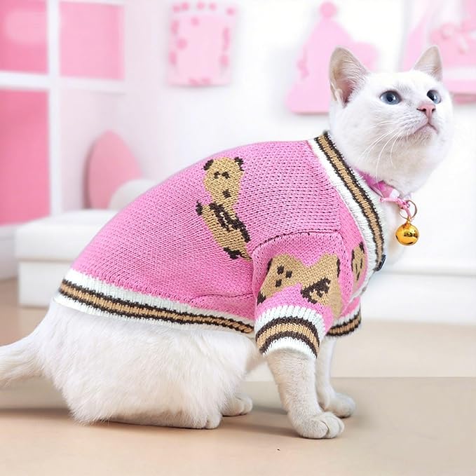 Small Dog Sweaters Cute Bear Dog Cardigans Clothes for Small Medium Dogs Boy Girl Puppy Cat Knitting Cardigan Outfits Dogs Winter Coats Warm Pet Doggy Clothes Soft Knitwear (Pink, X-Small)