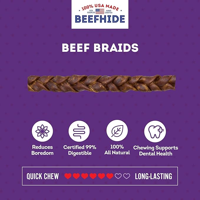 USA Beefhide Braids 12-13" Dog Chew Treats - Beef Flavor, 2 Count/1 Pack