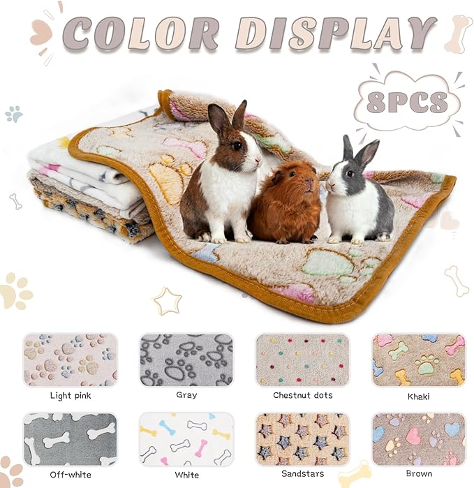 Guinea Pig Cage Liner, 8 Pack Washable Flannel Fleece Blankets Bedding Accessories, Warm Sleep Mat Pee Pads for Small Animal Hamster Rabbit Puppy Cat, Dark Color, 24x16 Inch