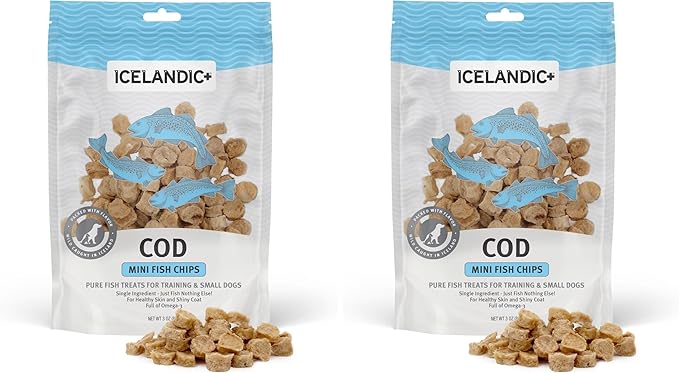 Icelandic+ Mini Fish Chips: Cod - 2.5oz Bag,Dog Treats,Wild-Caught & Air-Dried,Ingredient Crunchy Pet Snacks,Just The Fish Nothing Else,(Pack of 2)