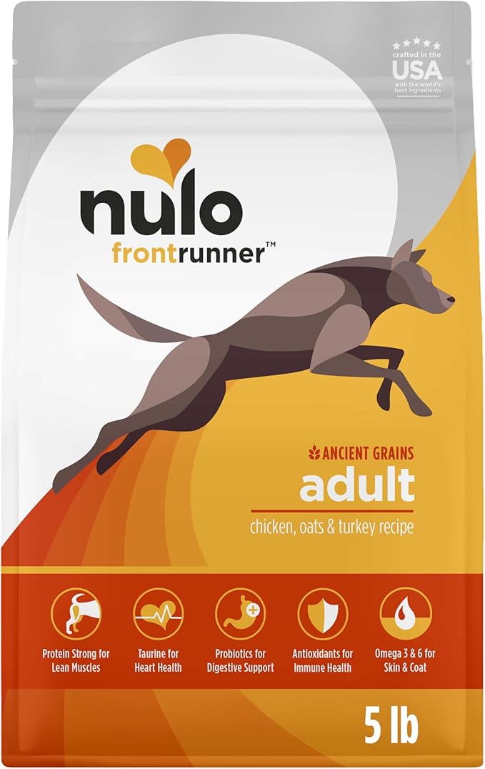 Nulo Frontrunner Dry Dog Food - Adult High-Protein Chicken, Oats & Turkey Recipe, Natural Kibble with Ancient Grains, Probiotics, Taurine, Omega 3 for Small, Medium and Large Breeds, 5lb Bag