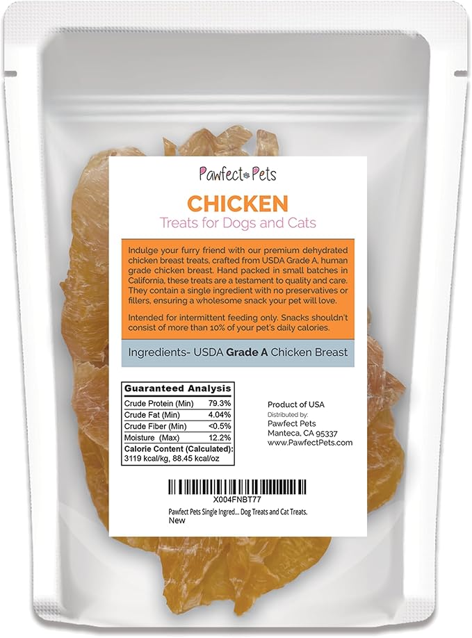 Pawfect Pets Single Ingredient Dehydrated Chicken Breast Treats for Dogs and Cats, 6oz Bag. USA Made