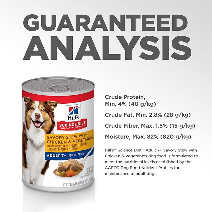 Hill's Science Diet Adult 7+ Senior Wet Dog Food, Savory Stew with Chicken & Vegetables in Gravy, 12.8 oz. Cans, 12-Pack