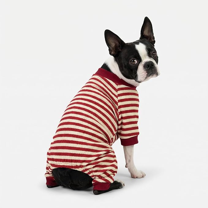 Fitwarm Red and White Striped Dog Pajamas, Waffle Dog Clothes for Small Dogs Girl Boy, Puppy Onesie with Feet, Pet Christmas Outfit, Medium