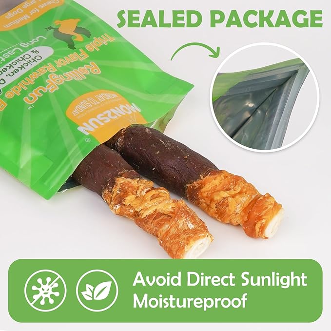 MON2SUN Dog Treats Triple Flavor 9 Inch Chicken Liver Duck and Chicken Wrapped Rawhide Rolls, Teeth Cleaning and Long Lasting Chews for Medium and Large Dogs, 11.1 oz(2 Count)
