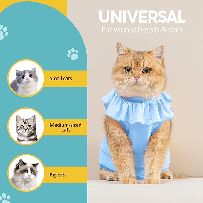 Avont Cat Recovery Suit - Kitten Onesie for Cats After Surgery, Cone of Shame Alternative Surgical Spay Suit with Ruffles for Female Cat, Post-Surgery or Skin Diseases Protection -Blue (L)