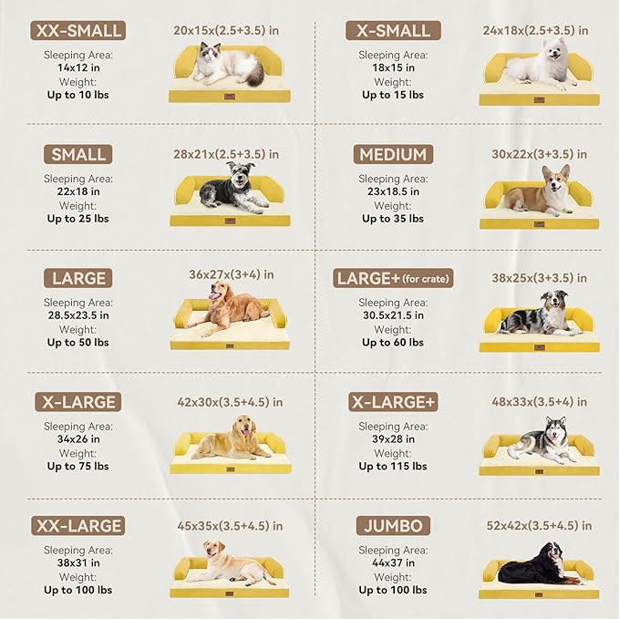 Large Dog Bed Orthopedic Washable | Beds Bolster Pet | XL Large Big Dogs | Memory Foam Couch Sofa | Waterproof with Removable Cover - Ginger Yellow Dog Bed