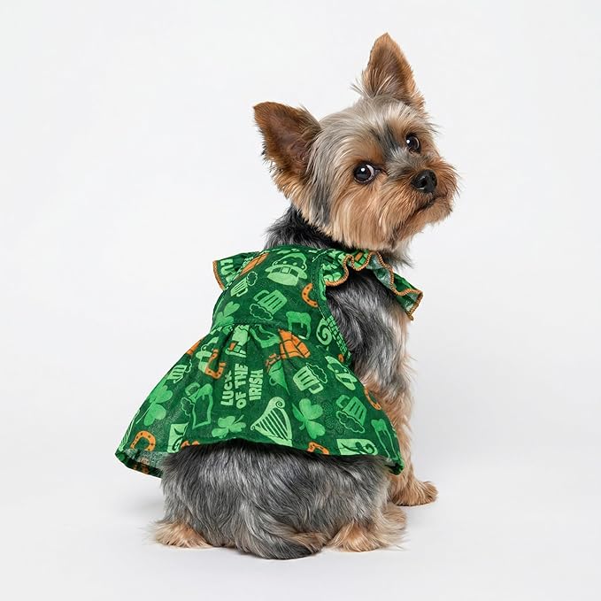 Fitwarm St Patricks Day Ruffle Dog Dress, Lucky Dog Clothes for Small Dogs Girl, Funny Pet Outfit, Green, Orange, Small