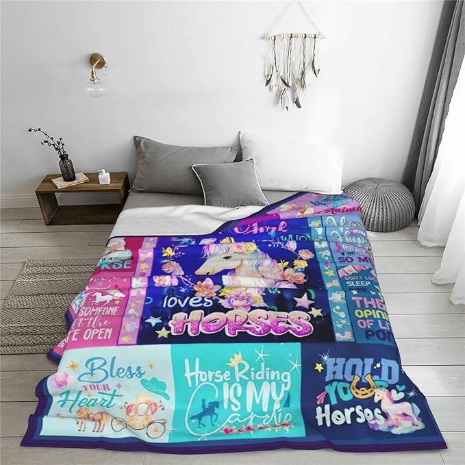 SweetFox Just A Girl Who Loves Horses Blanket, Horse Decor Throw Blanket Gifts for Girls Boys Lovers Super Warm Soft Plush Fleece Flannel Winter Bedding Blankets for Kids Adults Men Women 80"X60"