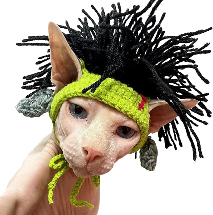 Cat Knitted Hat with Dreadlocks - Pet Woolen Cap Cool Wigs Cosplay Headwear for Sphinx Kitten Puppy Halloween Costume Party Accessories Christmas Birthday S (3.3 lbs - 6.6lbs), Green