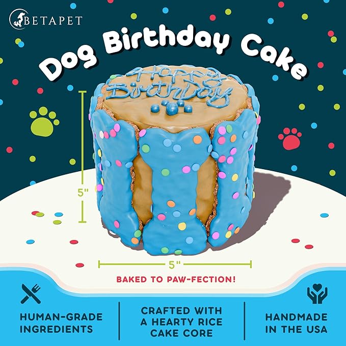 Dog Birthday Cake - Rice Cake Dessert with Human Grade Ingredients - Happy Birthday Treat for Puppy (5"x5"x5", Blue)