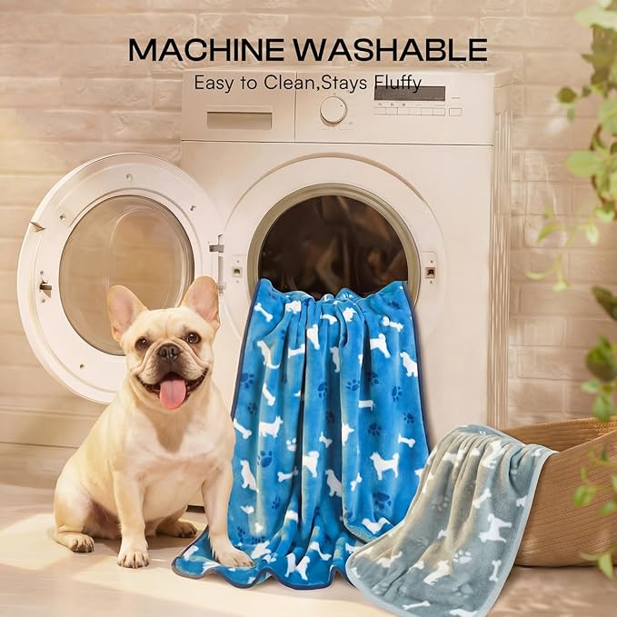 Luciphia 1 Pack 3 Dog Printed Fleece Pet Blankets Washable，Soft Warm Throw Covers for Crate Couch Bed，Cozy Puppy Essentials for Dogs and Cats， Blue/Grey/Khaki, Large (41x31 inch)
