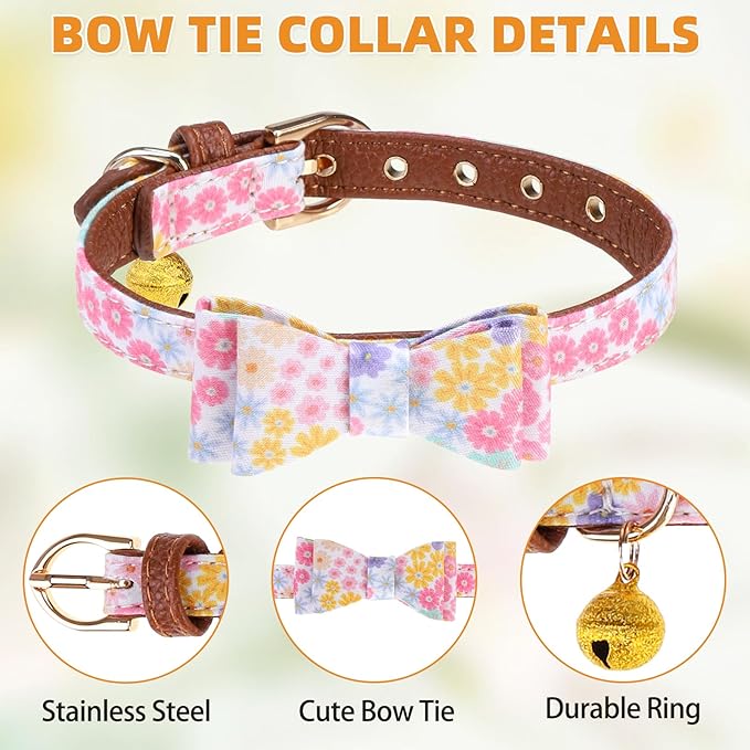 KOOLTAIL Spring Dog Collar and Leash Set with Bowtie and Bells - Cute Fancy Puppy Collar and Leash for Boy or Girl with Flower Pattern, Soft Leather Tangle Free Leashes for Small Dogs,Cats