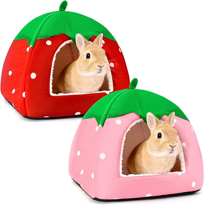 2 Pack Rabbit Hideout, Washable Bunny Bed with Removable Pee Pad, Plush Indoor Rabbit House, Adorable Strawberry Design Small Animal Hideaway for Guinea Pig, Red & Pink